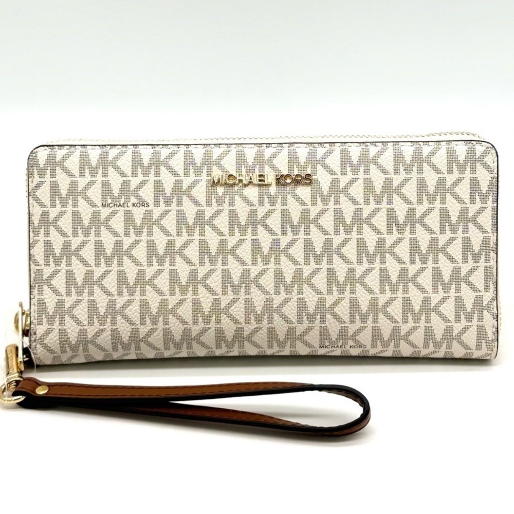Michael Kors Large Travel Continental Wallet Wristlet Vanilla/Brown